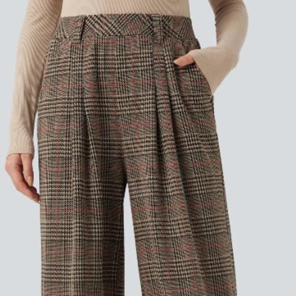 High Waisted Pocket Wide Leg Houndstooth Plaid Casual Pants